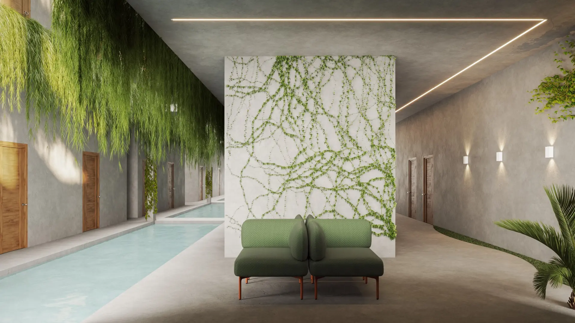 Área de espera de spa com iluminação integrada, espelho d'água e vegetação